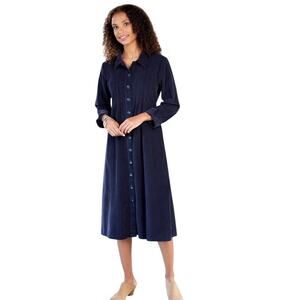 The Vermont Country Store Navy Blue Pintuck Cotton Corduroy Midi Dress